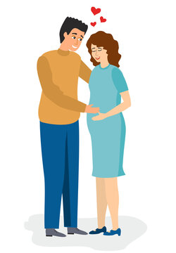 Pregnant woman. Couple in love. Happy expecting couple baby. Man hold wife, isolated flat young family vector characters.