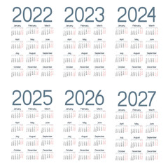 Simple english calendar 2022 - 2027 on white background. Vector illustration