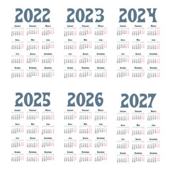 Simple english calendar 2022 - 2027 on white background. Vector illustration