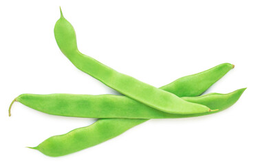 Green beans isolated on a white background. Top view of fresh pea pods.