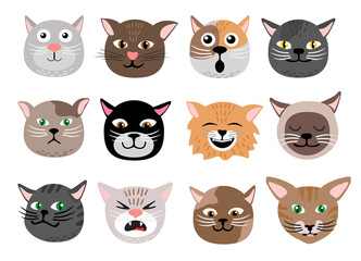 Fototapeta premium Cute cats face emotions. Funny funny cat characters faces, animals emotion set, happy and angry, sad and haughty mood heads. Isolated vector illustration.
