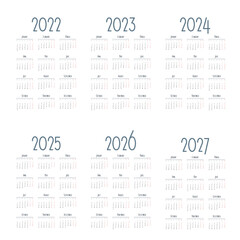 Simple english calendar 2022 - 2027 on white background. Vector illustration