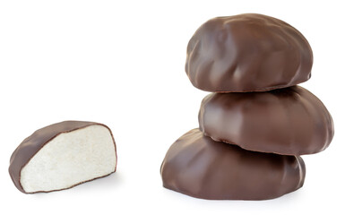 Stacked  Chocolate candy  marshmallow (zepfir) isolated on white background. Soft and Sweet marshmallow closeup.