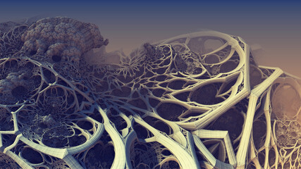 Abstract background fantastic 3D shapes, alien biological structures similar to roots, fictional background.