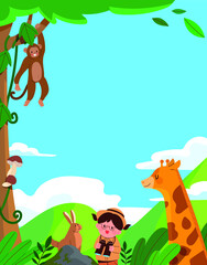 Cute jungle animals and little explorers. Children's Day or nature learning concept vector background illustration.