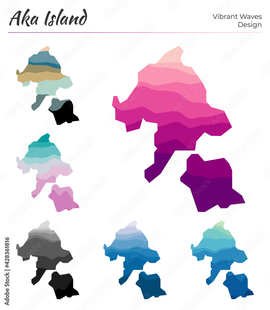 Poster set of vector maps of aka island. vibrant waves design. bright map of island in geometric smooth cur