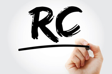 RC - Retail Company acronym with marker, business concept background.