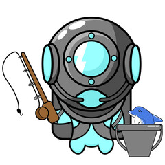cartoon illustration of a fishing diver helmet mascot character