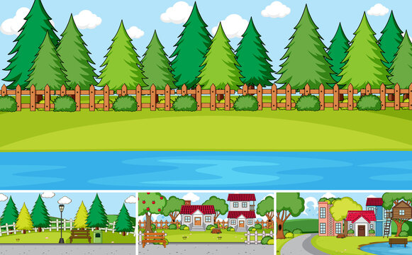 Set of different outdoor house scenes cartoon style
