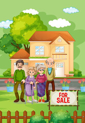 Outdoor scene with family standing in front of a house for sale