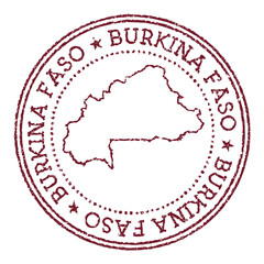 Burkina Faso round rubber stamp with country map. Vintage red passport stamp with circular text and stars, vector illustration.