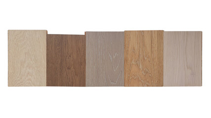 top view, multi color and texture of engineered hardwood or laminate flooring samples isolated on white background with clipping path.