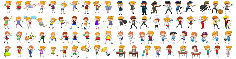 Set of different doodle kids cartoon character - obrazy, fototapety, plakaty