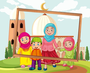 Happy family holding photo frame with mosque on the background