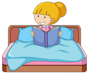 A girl reading book and sitting on a bed