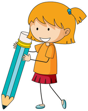 Cute girl holding pencil doodle cartoon character