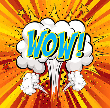 Word Wow on comic cloud explosion background