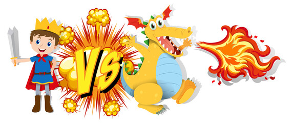 Dragon and knight fighting each other on white background