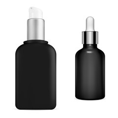 Black serum bottle. Cosmetic pump container, 3d vector concept. Premium eyedropper flask, realistic branding concept. Liquid essence oil, protein lotion eye drop, moisturizer case