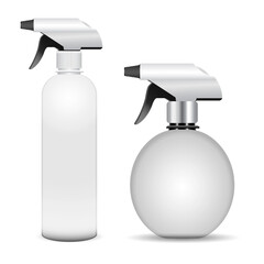 Trigger spray bottle mockup, vector cleaner container. Realistickitchen equipment bottle, bathroom freshener tube illustration, scented cosmetic spray mock up. Clear floor clean