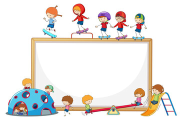 Empty banner with many kids doodle cartoon character