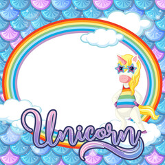 Oval frame template on blue fish scales background with unicorn cartoon character