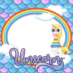Naklejka premium Oval frame template on blue fish scales background with unicorn cartoon character