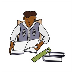 Guy reading book with interest. Doodle design illustration isolated on white background.