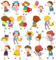 Set of different kids in doodle style