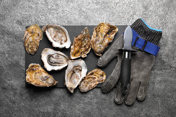 Fresh oysters and knife on grey table, flat lay