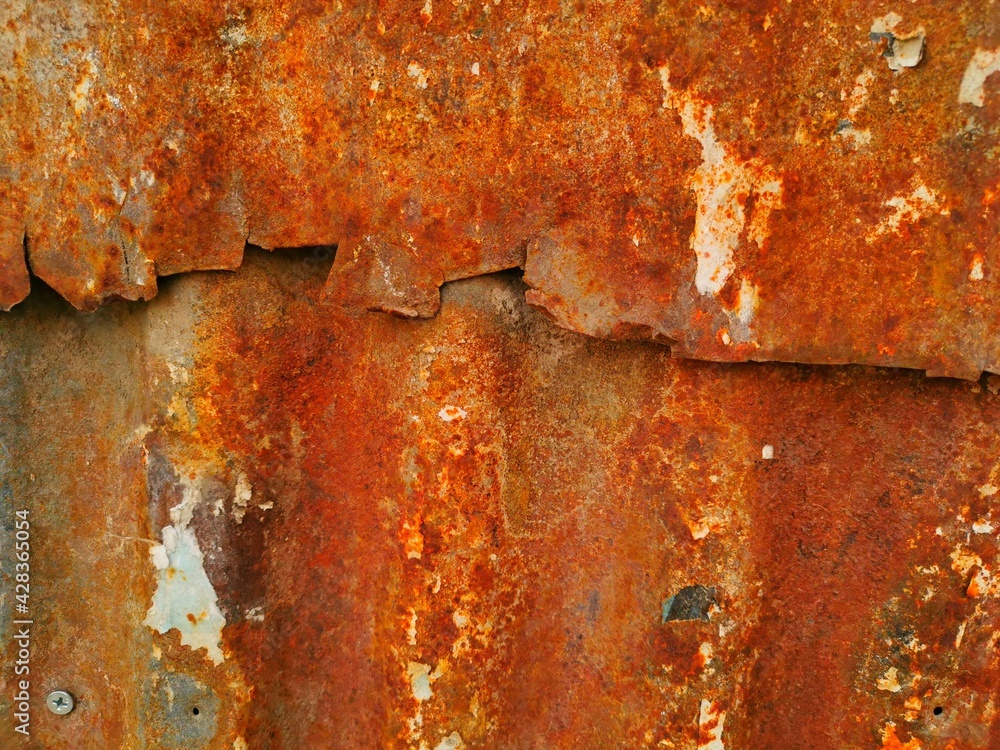 Poster closeup of weathered textured overlapping rusty and corroded metal sheets with holes