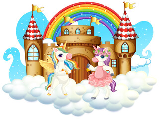Many cute unicorns cartoon character with castle on the cloud
