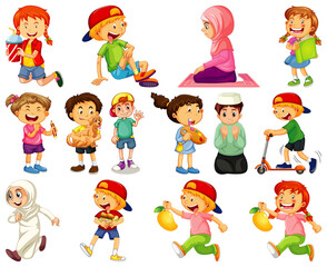 Children doing different activities cartoon character set on white background