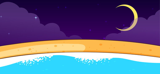 Empty beach nature scene at night with the moon in simple style
