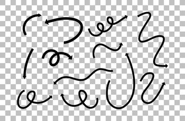 Different types of black hand drawn curved arrows on transparent background