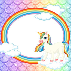 Pastel fish scales texture with rainbow oval frame with unicorn cartoon character