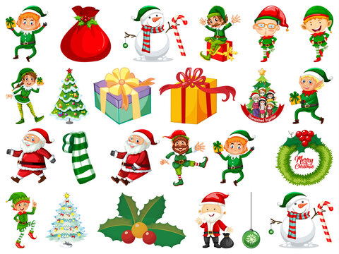 Set of Elves cartoon character and Christmas objects isolated on white background