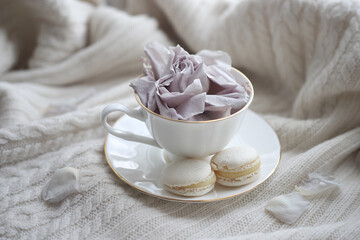 a cup of skofe decorated with a dusty rose with two macaroons on a knitted background