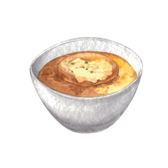 Watercolor illustration of french onion soup in a white bowl isolated. Vector