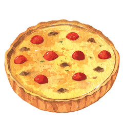 Kish-Loren with cheese and tomatoes. Watercolor hand drawn illustration. Vector
