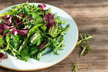 salad mix of fresh herbs, arugula, Swiss chard, spinach in tarenle on a wooden background, top-side view