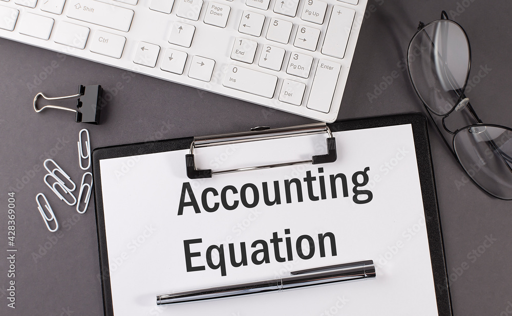 Poster office paper sheet with text accounting equation with office tols and keyboard. business