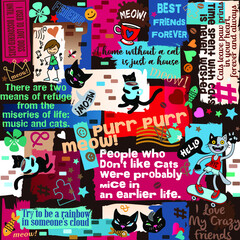 Seamless pattern with phrases, quotes, cats. Collage with animals, coffee, stars, hearts. Quotes and saying about cats. Cat Cafe. Pet supplies