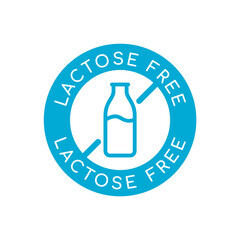 Lactose free sign, icon, logo. Round badge with milk bottle crossed out. Dairy free product label. Blue no lactose stamp. Lactose intolerance. Food packaging symbol. Vector illustration, flat,clip art