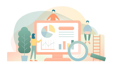 ビジネスやマーケティング関連のイラスト　パソコン　人物　仕事　働く　グラフ　データ　PC　分析