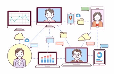 色々なツールを使って会議をする人々