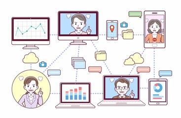 色々なツールを使って会議をする人々