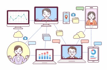 色々なツールを使って会議をする人々