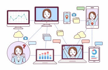 色々なツールを使って会議をする人々