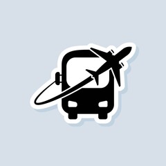 Travel sticker. Bus and plane icon. Travel agency badge logo. Vector on isolated background. EPS 10